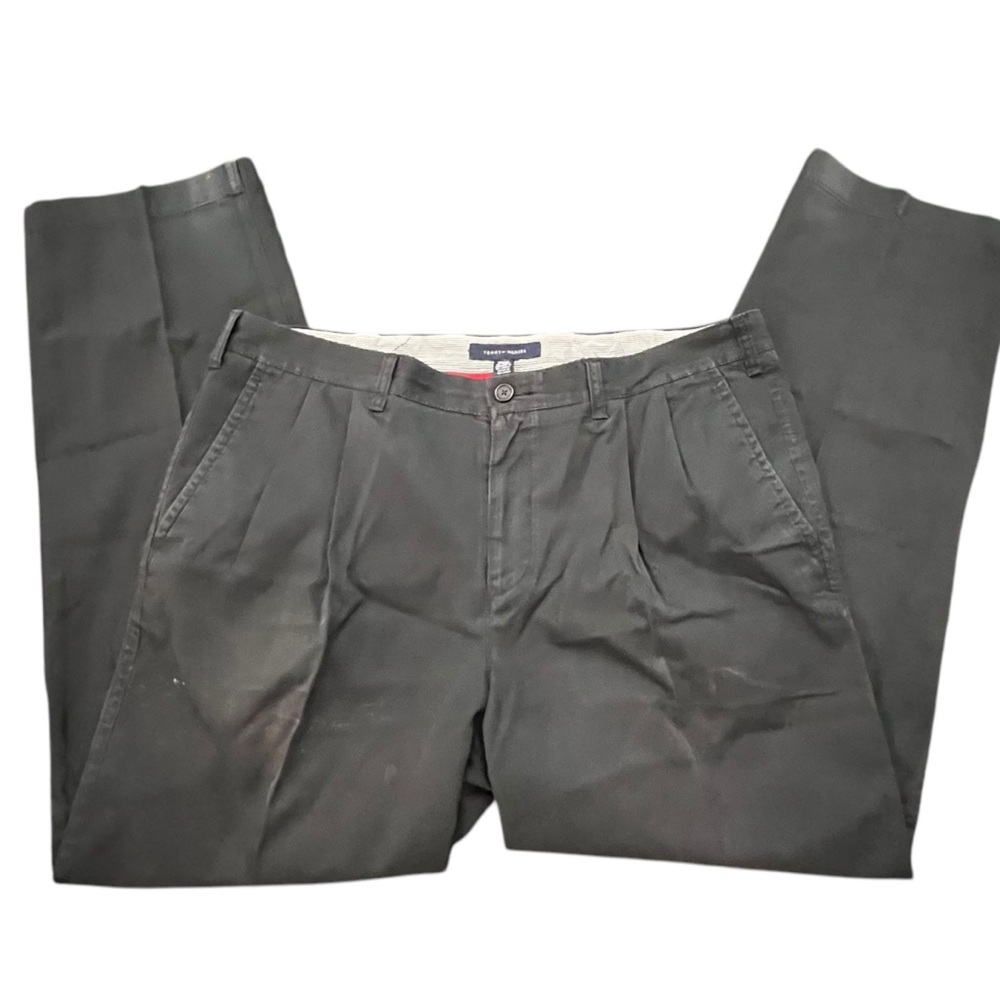 Tommy Hilfiger Pants Men’s 38x32 Black Pleated Front Chino Stretch STAINS Chores